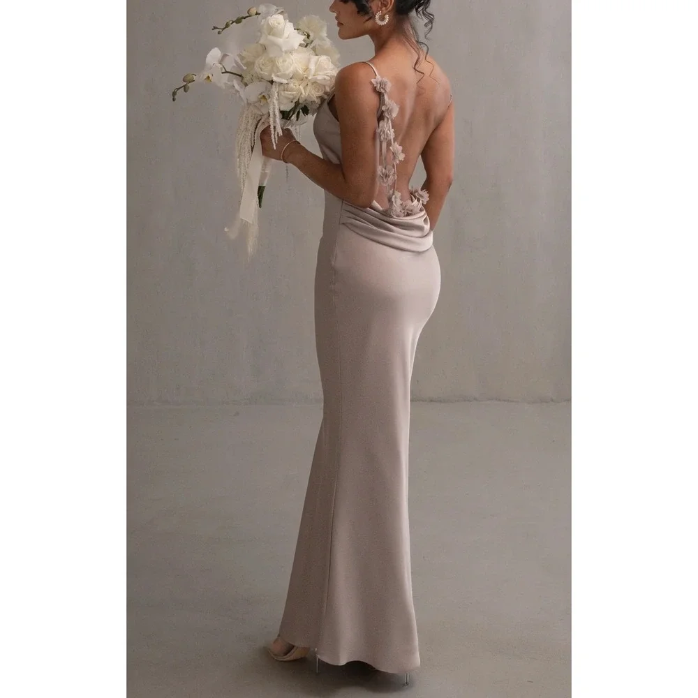 JLUXLABEL Down The Aisle Satin Maxi Dress Taupe Cowl Neck Floral Open Back Small - Picture 2 of 9